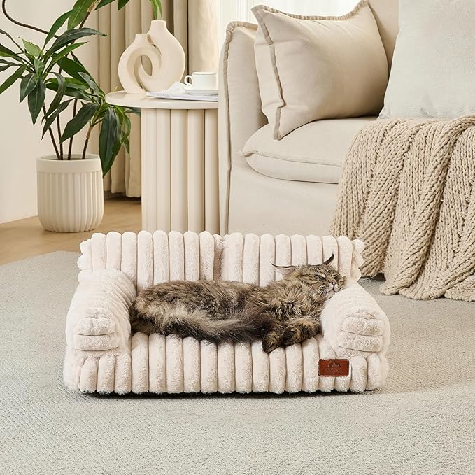 Hollypet Fluffy Dog Cat Bed Pet Couch Beds Plush Soft Warming Washable Puppy Bed for Small Medium Dogs and Large Cats, Cream, 24" L x 18" W x 10" Th