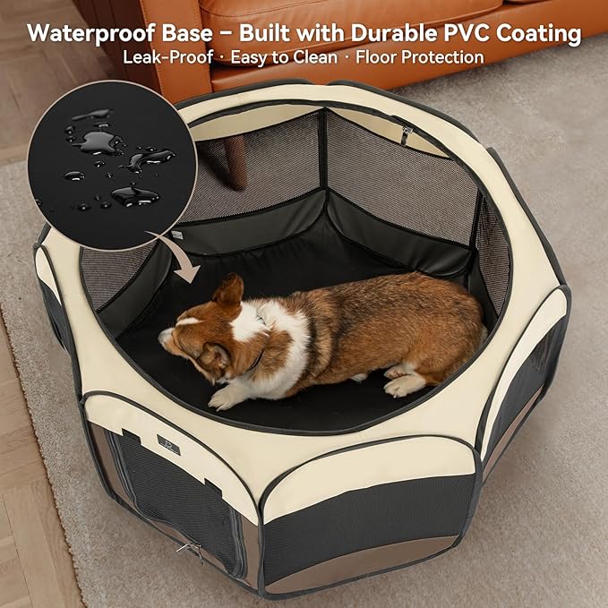 Dog Playpen for Small Dogs & Puppies, 40.55" Portable Indoor Outdoor Puppy Playpen with Bowl, Waterproof Floor, Foldable Pop-Up Pet Pen for Home, Travel & Daily Use, Brown+Beige