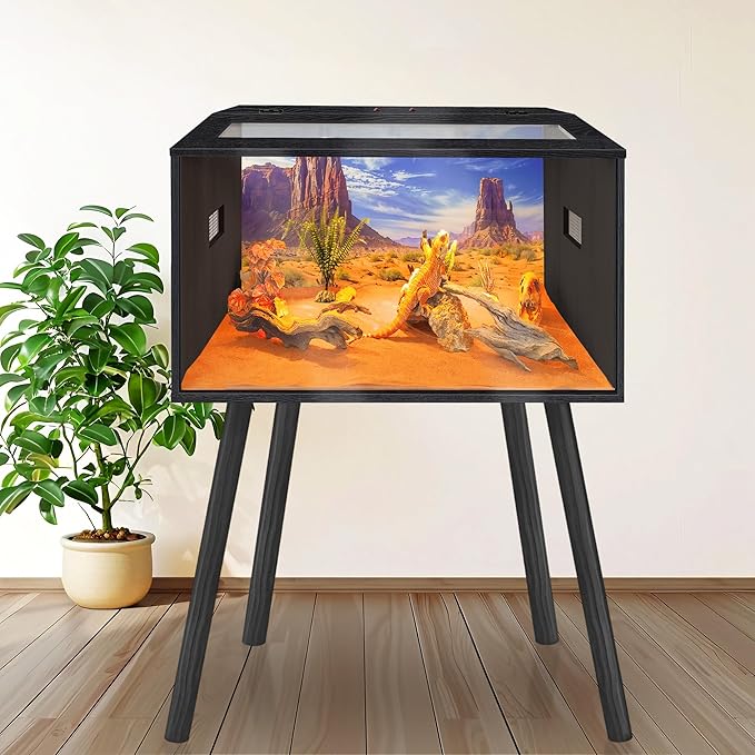 PROLEE 26 Gallon Reptile Tank, Tempered Glass Bearded Dragon Tank with Wooden Roof and Lockable Doors, Large Lizard Habitat with Built-in Lamp Fixture for Snakes, Iguanas, Chameleons (Black)