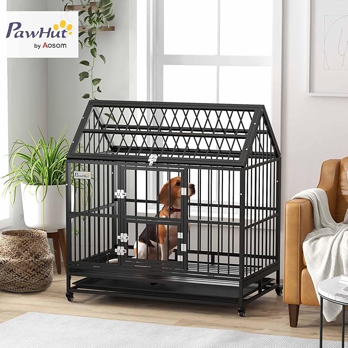 PawHut 48" Heavy Duty Dog Crate, Strong Steel Large Dog Crate with 4 Lockable Wheels, Double Doors, Openable Top and Removable Tray, for Extra Large and Large Breeds, Black