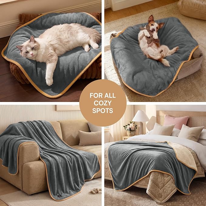 Luciphia Waterproof Blanket for Dog Washable Reversible Sherpa Fleece Throw Blanket for Bed Couch Soft Liquid Pee Proof Furniture Cover Protector for Small Medium Large Pet Cat Grey 57" x 40"
