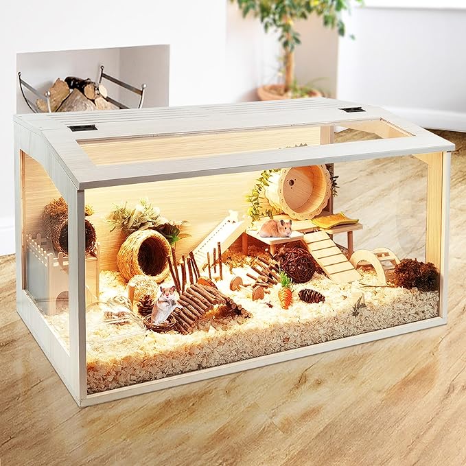 PROLEE Hamster Cage with Chewproof Wood Top, Guinea Pig Cages, Hamster Habitat with Clear Acrylic Sheets Solid Built, Small Animal Cage (Oak, 24X15.5X15.5 inch)