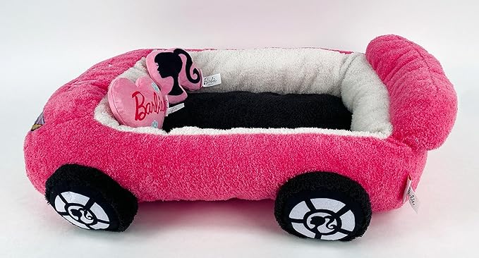 Megatoys Barbie Plush Car Pet Bed- Themed Plush Pink Pet Bed for Dogs and Cats – Soft and Cozy Pet Bed with Barbie Pillow and Car Design