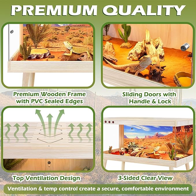 Royxen Bearded Dragon Tank,82 Gallon Reptile Tank with Leg Stand,Built-in Lighting Reptile Enclosure,Tempered Glass Bearded Dragon Encloure for Chameleon (Oak,48"x 20"x 20")
