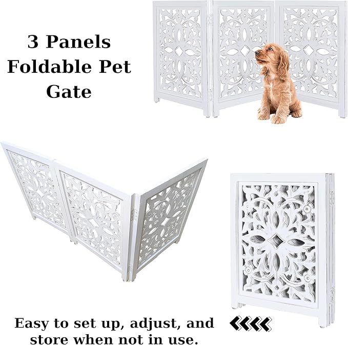 Lightnpro Foldable Carved Wooden Dog Gate - Freestanding Indoor Pet Safety Barrier, Adjustable Decorative Dog Fence for Stairs, Doorways & Hallways - 24x18 Inch Antique White