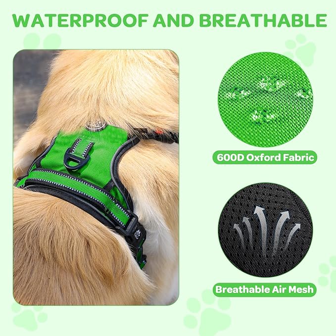 FURRYFECTION Plaid Dog Harness for Medium Dogs, Reflective No Pull Adjustable Pet Vest with Front Clip, Leash, Easy Control Handle and Seat Belt, Green, M