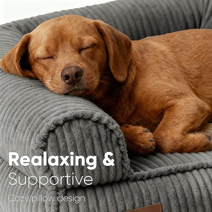 FUKUMARU Cute Dog Bed, Thickened Orthopedic Dogs Couch, 36in Egg Crate Foam Pet Sofa for Medium to Large Dogs, Waterproof Warm Corduroy Pet Bed with Washable Cover, Dark Grey