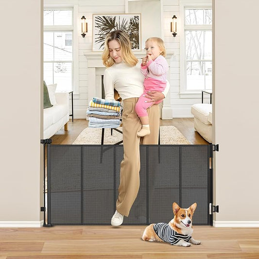 Reinforced 26 Inch Tall Retractable Dog Gate to Step Over 55" Wide Short Mesh Baby Gate Retractable Baby Gate for Doorway Low Outdoor Retractable Gate Small Pet Gate for Stair Puppy Gate for The House