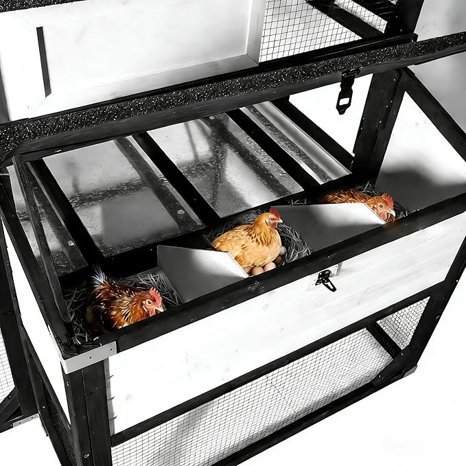 Large Chicken Coop with Run - Wooden Hen House with 6 Nesting Boxes and Removable Tray, 41.3ft² Poultry Pet Hutch Run Cage with Waterproof Asphalt Roof, fold Out House for 4-6 Chickens (White)