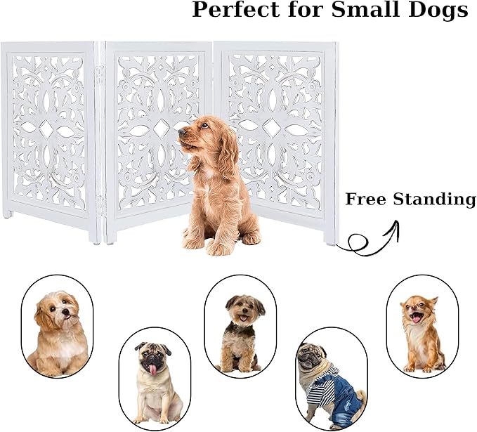 Lightnpro Foldable Carved Wooden Dog Gate - Freestanding Indoor Pet Safety Barrier, Adjustable Decorative Dog Fence for Stairs, Doorways & Hallways - 24x18 Inch Antique White