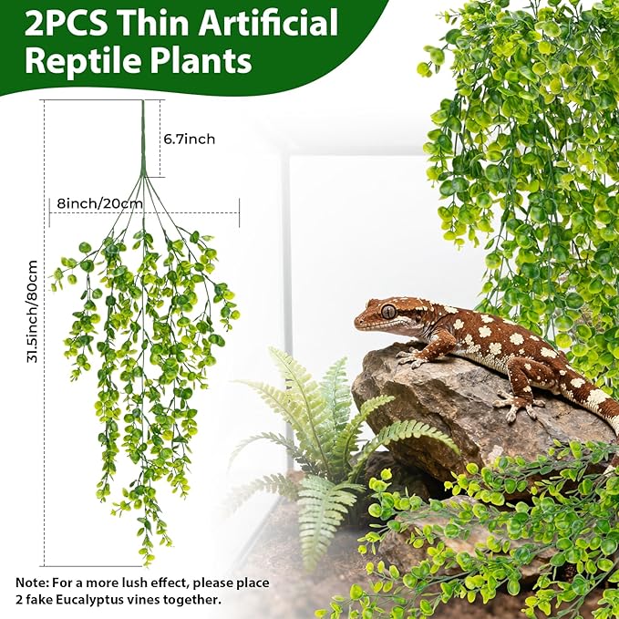 RAINFLOW 2PCS Fake Hanging Plants Reptile Habitat Vines – Artificial Terrarium Plants with Iron Stem, UV Resistant Faux Vines for Bearded Dragon Gecko Snake Turtle Tank Enclosure Decor Indoor Outdoor