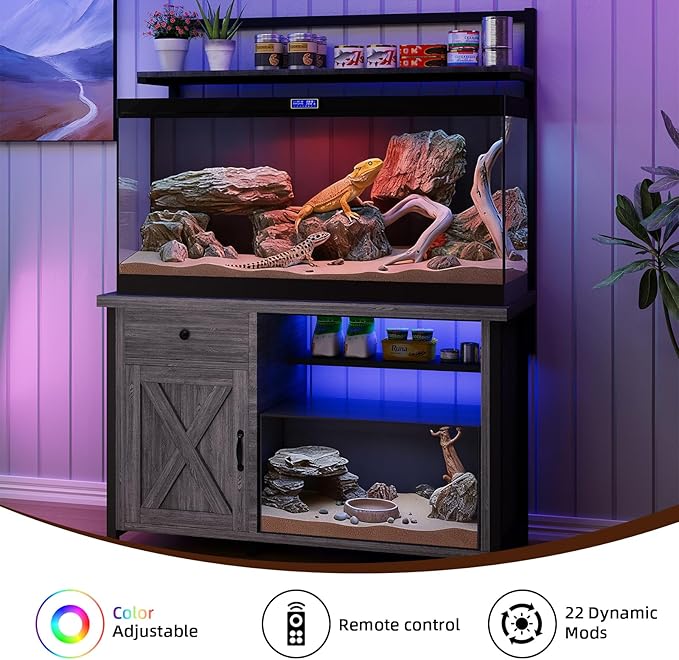 Reptile Tank Stand with Power Outlet, Terrarium Stand with Storage Cabinet, 49" X 20" Tabletop, Aquarium Stand with LED Lights, Reptile Terrarium,Turtle Tank (Gray)