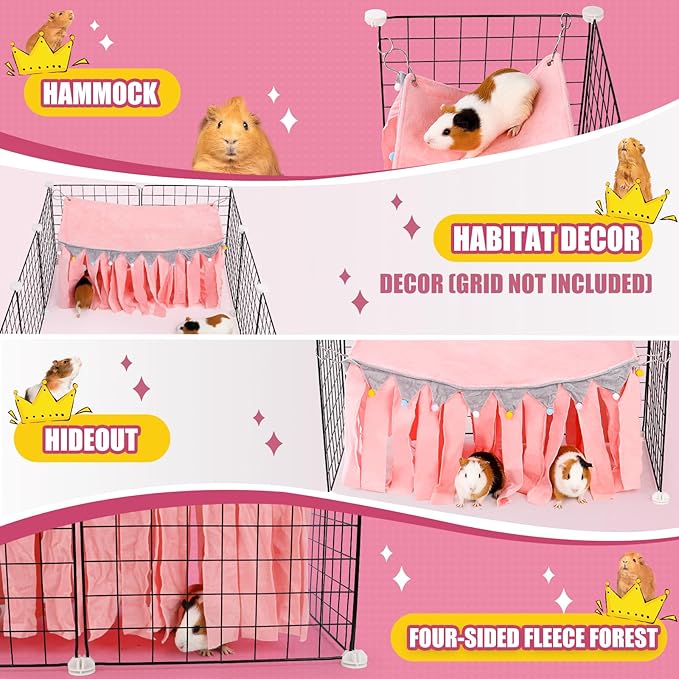 Guinea Pig Hideout - Guinea Pig Corner Hideout, Four-Sided Fringes, Rectangular Top and Washable Hides, Suitable Hides for Guinea Pigs and Rabbit, No Metal Fences, Pink