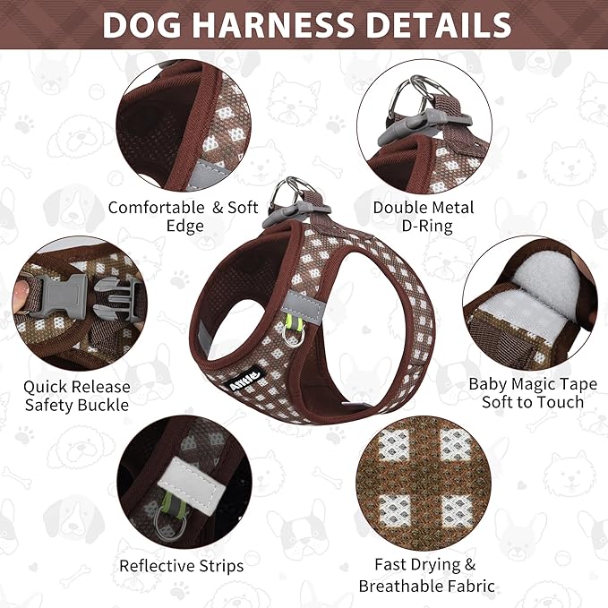 AIITLE Adjustable Dog Harness and Leash Set, Step in No Pull Pet Harness, Soft Mesh Reflective Plaid Vest Harnesses for Small Dogs Puppy and House Cats Outdoor Walking Running Chocolate XS