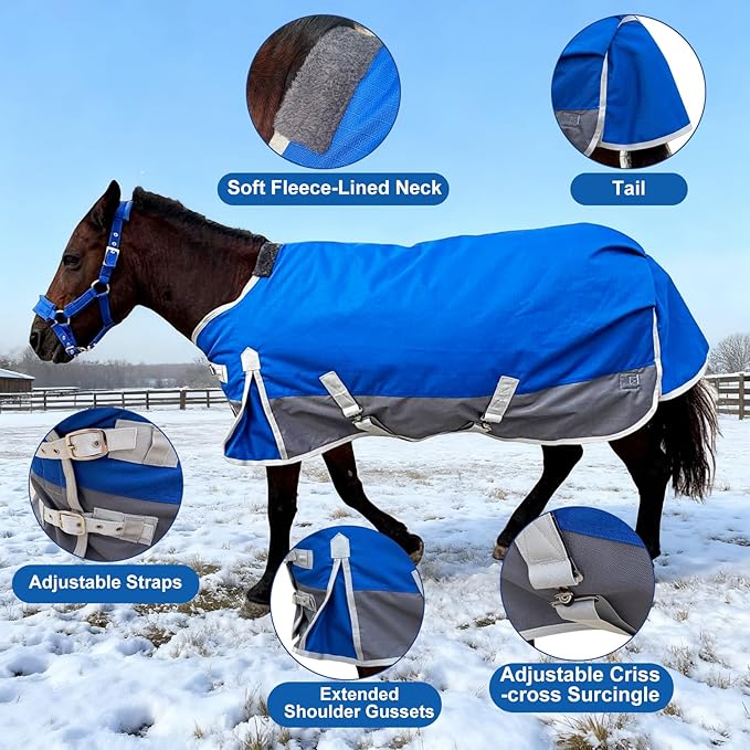 Winter Horse Blanket for Pony, Foal, Donkey, Mini Horses| Turnout Blanket for Winter | Waterproof | 1200 Denier | Blue Grey | 50 Inch