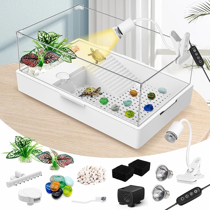 GOZILLA Large Turtle Tank Kit+Water Pump, Acrylic Turtle Tank Starter Kit with Adjustable 5W Water Pump and Two Shower Heads, Multi-Functional Area for Small/Medium Turtles(Large-White Kit)