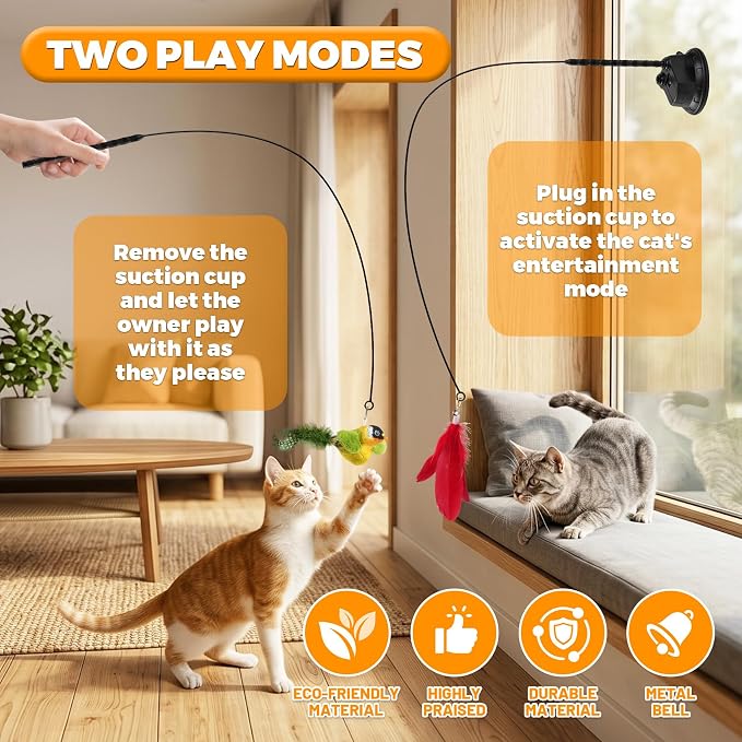 Interactive Suction Cup Cat Teaser Wand, Cat Toy with Simulated Bird & Spinning Feather Attachments, Strong Suction Base & Long Steel Wire for Kitten Self-Entertainment (Detachable) - Image 3