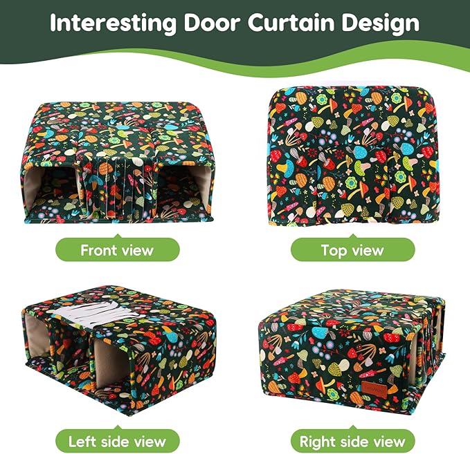 Guinea Pig Hideout with Tunnels, Toys & Cozy House - Soft Large Bed for Small Pets - Blackish Green Mushroom
