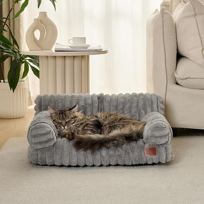 Hollypet Fluffy Dog Cat Bed Pet Couch Beds Plush Soft Warming Washable Puppy Bed for Small Medium Dogs and Large Cats, Dark Gray, 24" L x 18" W x 10" Th