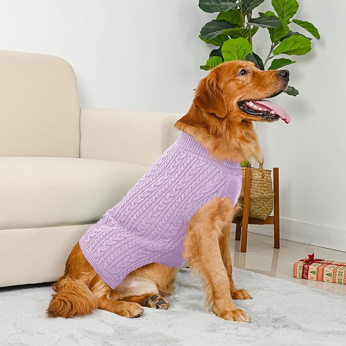 2 Pack Dog Sweaters for Large Dogs Winter Turtleneck Pullover Cable Knit Fleece Stretch Pitbull Labrador Golden Retriever Doberman Bulldog Boy Girl Pet Clothes (XXL, Pink & Purple)