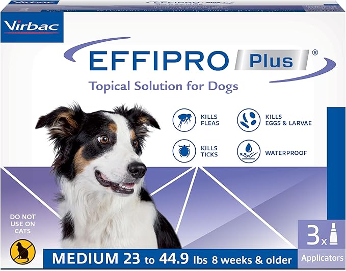 EFFIPRO PLUS Topical Solution for Dogs - Waterproof Dog Flea and Tick Treatment for Medium Dogs (23-44.9lbs) 3 Doses by Virbac