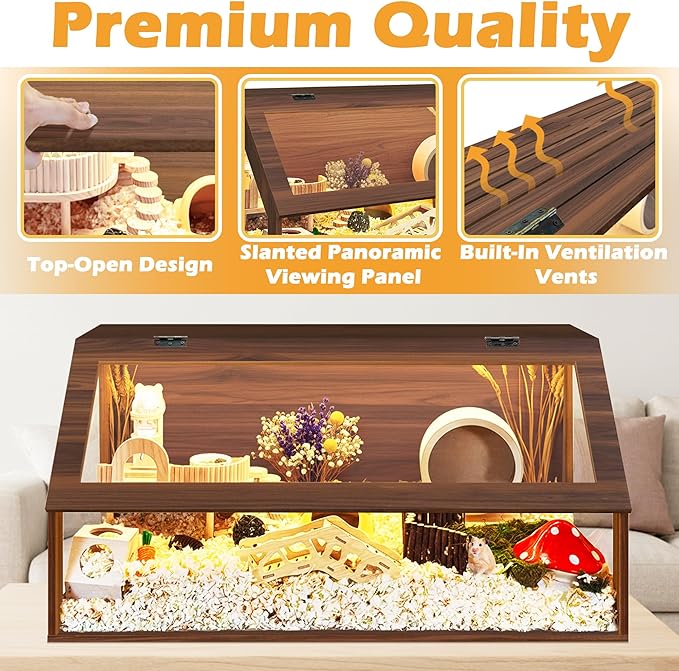 PROLEE Hamster Cage Chewproof, Sloped Mice and Rat Habitat with Clear View, Solid Built with Lockable Design and Openable Top (Walnut)