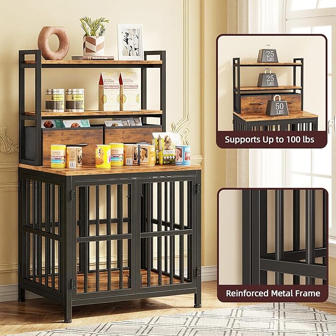 HIGDBFE Dog Crate Furniture with Drawer & Shelf, 25.5" Small Dog Crate with 4 Lockable Doors, Indoor Dog Kennel for Small Dogs, Anti-Chew Dog Cage with Storage, Rustic Brown, 43.7" H