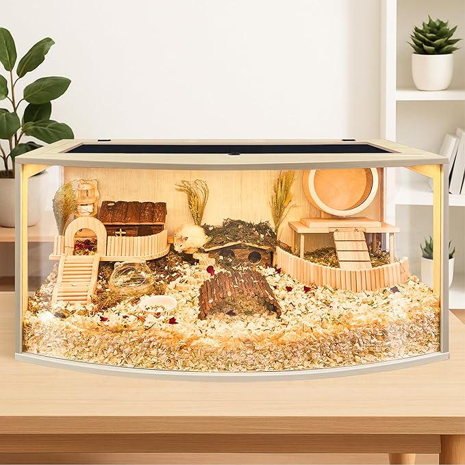 Prolee Hamster Cage Chew Proof Wood, Hamsters Enclosure Openable Top with Curved Design,Waterproof Small Animals Cage with Acrylic Sheets for Gerbils,Hamster Habitat(32 Inches)