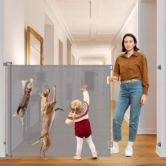 4ft Extra Tall Retractable Baby Gates for Doorways 48 Inch Tall Retractable Dog Gate Indoor 85" Wide Child Gate for Stairs High Mesh Puppy Gates for the House Prevent Kids/Pets from Jumping Over, Gray