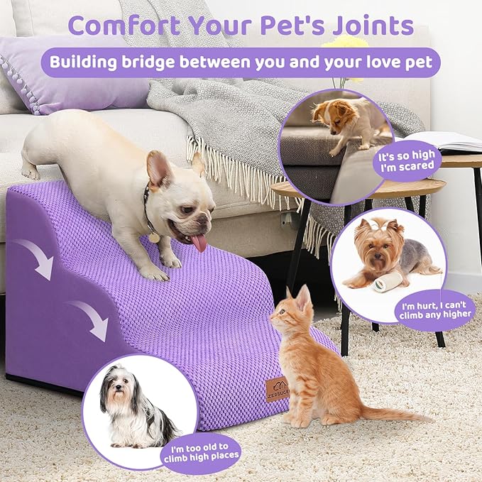 Zerbuger Dog Ramp and Stair for Bed 16" H-20 H,3-Step Cat Stair for Sofa and Chair,4-Step Dog Ramp for High Bed and Window,Durable Nonslip Fabric Stair for Indoor (Purple-16 H, Pet Friendly, 3)