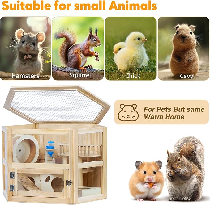 5 in 1 Wooden Hamster Cage|3 Tier Small Animal Cage with Silent Exercise Running Wheel|Large Syrian Hamster House with Openable Top&Acrylic Sheets|Chinchilla Guinea Pig Cages