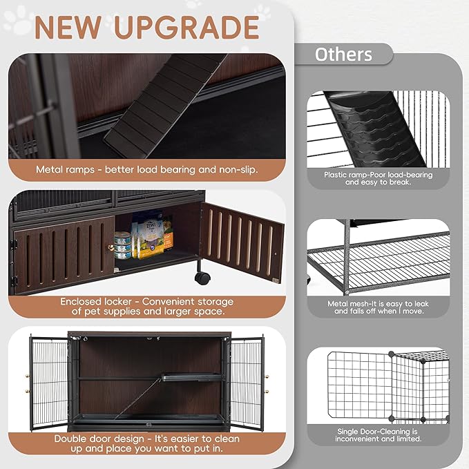 HABUTWAY 36.5''H Metal Large Ferret Cage, Rolling Chinchilla Cage with Removable Ramps& Double Door, with Locker, Small Animal Cage, Rat Indoor Wooden Pet Crate Furniture