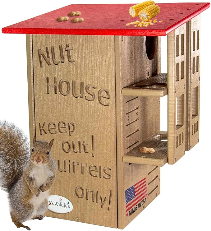 JCS Wildlife Ultimate Wooden Squirrel House, Multi-Tier Squirrel Nesting House with Predator Guards, Weather-Resistant Recycled Poly Lumber, Easy-Clean Tree House for Outside, Red & Tan