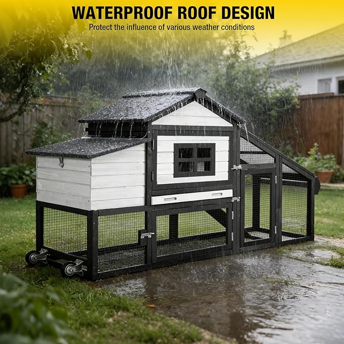 Wooden Chicken Coop, Large Chicken Tractor with Wheels, Weatherproof Hen House with Nest Box and Removable Tray, Mobile Poultry Hutch for 2-4 Chickens, Rabbits & Ducks (White)