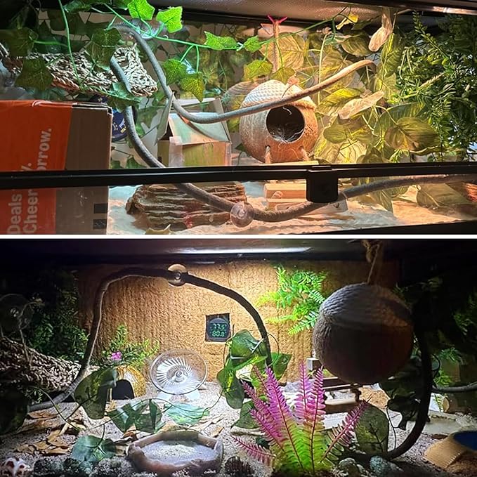 Leopard Gecko Coconut Hut with Ladder,Grested Gecko Coco Den Lizards Hanging Coconut Shell Hideout Cave Reptiles Tank Accessories Climbing Hanging Plants Jungle Vine Flexible Leaves Decor