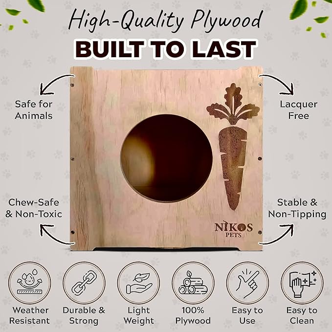 Wooden Rabbit Hideout, Rabbit Bed, Indoor Hutch, Bunny House Pet for Bunnies, Guinea Pigs, Outdoor Shelter Hut, Small Animal Hideaway, Bunny Playground (12.5 x 12.5 in)