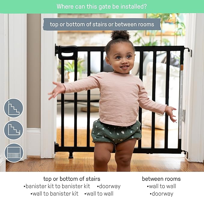 Summer Infant Deluxe Stairway Simple to Secure Safety Pet and Baby Gate,30'-48' Wide, 32' Tall, Install on Wall or Banister in Doorway or Stairway,Hardware Mount, Auto Close Walk-Thru Door-Black Wood
