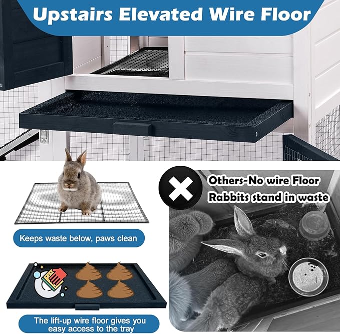FunXplore Bunny Hutch Indoor Outdoor Rabbit Cage Chicken Coop Animal House with Wire Floor Above Pull-Out Tray, Chew-Resistant Ramp & Entrance, Openable Waterproof Roof & UV-Resistant Roof