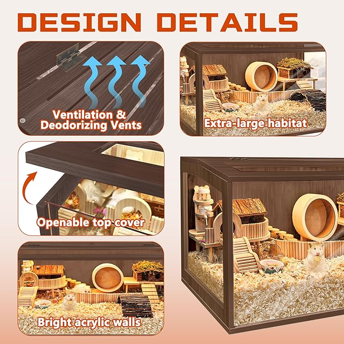 PROLEE Hamster Cage with Chewproof Wood Top, Guinea Pig Cages, Hamster Habitat with Clear Acrylic Sheets Solid Built, Small Animal Cage (Walnut, 48X19.5X19.5 inch)