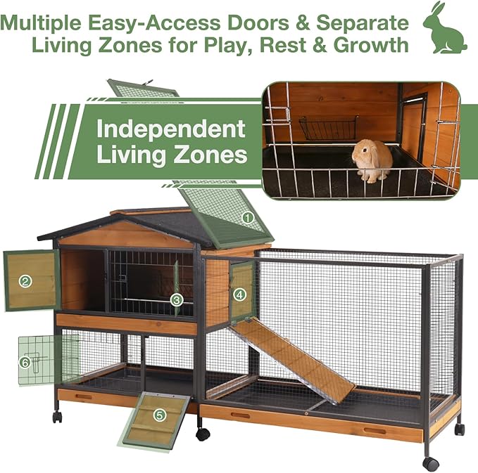 Large Rabbit Hutch Indoor Outdoor, Wooden Bunny Cage with Metal Frame, Chew-Proof Ramp, 3 Leakproof Pull-Out Trays, Rolling Wheels with Locks, Multi-Door Easy Access Small Animal Cage