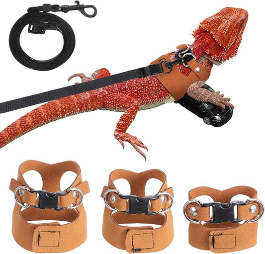 3 Pack Bearded Dragon Harness and Leash Set, Adjustable Nylon Bearded Dragon Accessories with 3 Sizes Vests, 6.56ft Lead for Reptile Training & Walking Accessories(Brown)