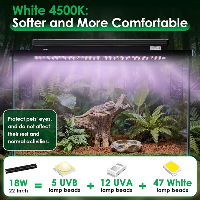 UVB Light for Reptiles, 18W HO LED UVB Reptile Light Fixture UVA UVB Lamp Bulb Terrarium Light with Timer and 5 Adjustable Brightness for Bearded Dragon Turtle Snake Crested Gecko Chameleon, 22 Inch