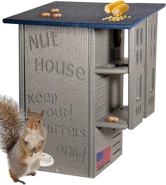 JCS Wildlife Ultimate Wooden Squirrel House, Multi-Tier Squirrel Nesting House with Predator Guards, Weather-Resistant Recycled Poly Lumber, Easy-Clean Tree House for Outside, Blue & Gray