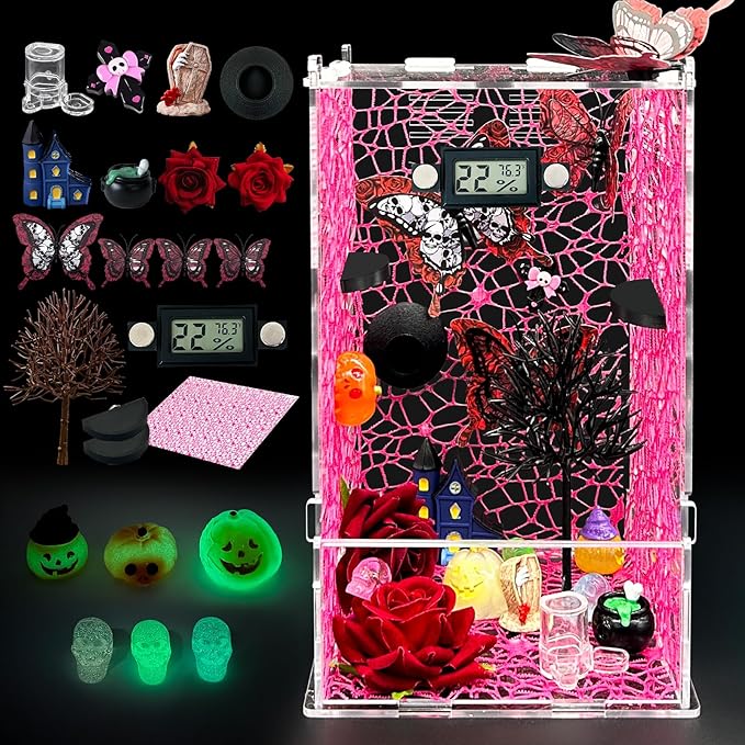 Jumping Spider Enclosure,DIY Insects Habitat,Small Reptile Terrarium Glass House Accessories Set,with Temperature and Humidity Detector Water Feeder Platform Hide,5.5“x5.5”x9.5“ (Pink)