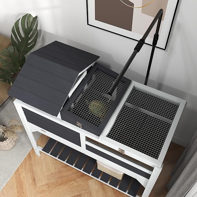 PawHut Tortoise Habitat with Adjustable Lamp Holder, 2 Layer Tortoise Enclosure with Storage Shelf, Removable Main House, Fixed Tray, Openable Lid, Gray