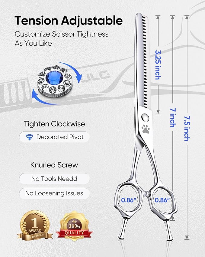 ULG Professional Dog Grooming Scissors 7.0” Straight Chunker Shear 65%-75% Thinning Rate 440C Japanese Stainless Steel Tension Adjustable Right Handed Pet Grooming Shears