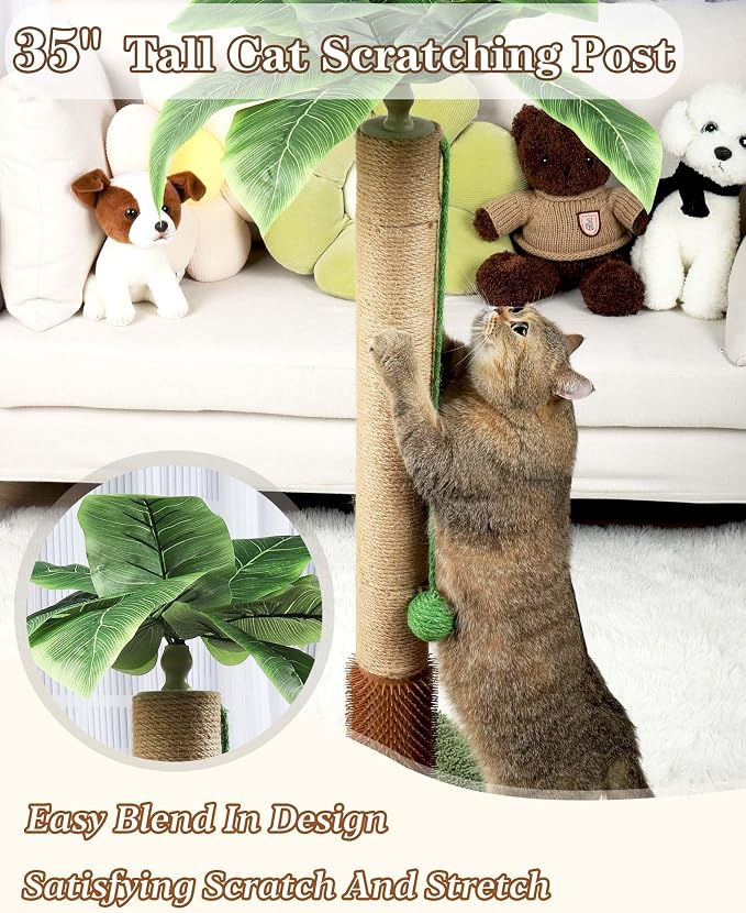 ANWA 35" Tall Simulated Cat Scratching Post with Self-Grooming Rubber Brush - Image 2