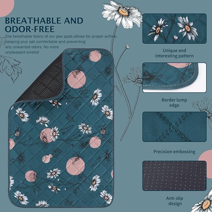 IEUUMLER Washable Pee Pads for Dogs, 1 Pack Non-Slip & Waterproof Pack Whelping Pad, Reusable Washable Puppy Potty Training Pad with Fast Absorbent for Playpen EU007 (Navy Blue Daisy, 48"X48"-1pcs)