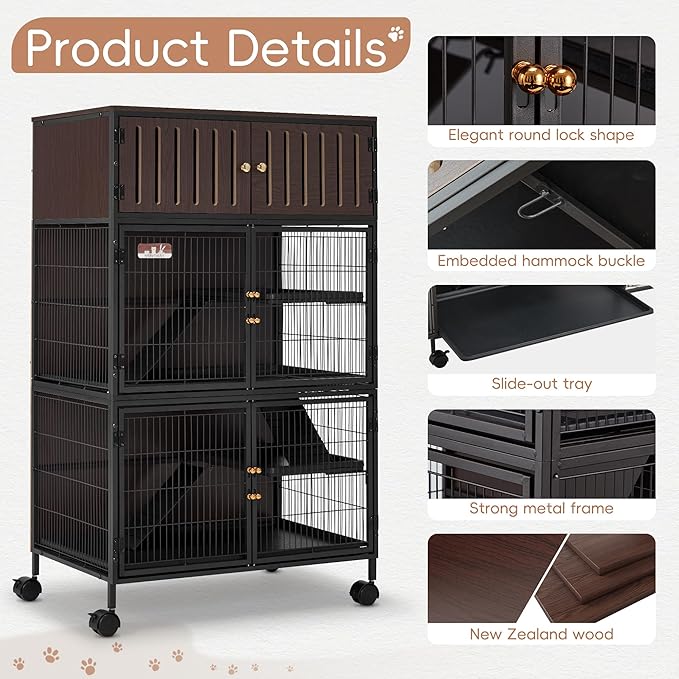 HABUTWAY 50''H Metal Large Ferret Cage, Rolling Chinchilla Cage with Removable Ramps& Double Door, with Locker, Small Animal Cage Indoor Wooden Pet Crate Furniture