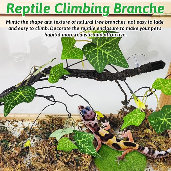 PINVNBY 2 PCS Snake Climbing Branch, Flexible Jungle Reptile Vine with Suction Cup Gecko Climb Tree Branches Chameleons Cage Accessories for Lizards,Tree Frog, Crested Gecko,Snake Enrichment（Green）